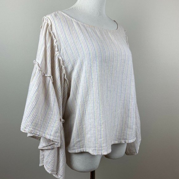 Hippie Laundry Top Women Large Stripe 3/4 Wide Bell Sleeve Ruffle Slight Cropped - Picture 2 of 9